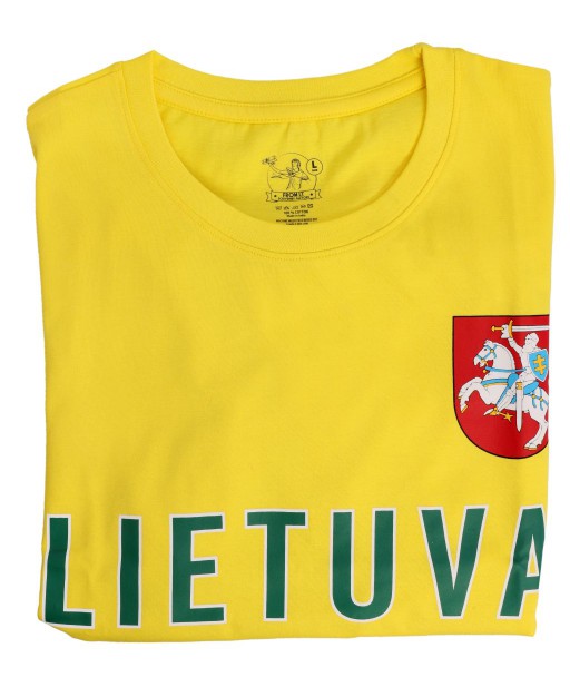 Geltoni sirgalių marškinėliai su užrašu Lietuva ir herbu